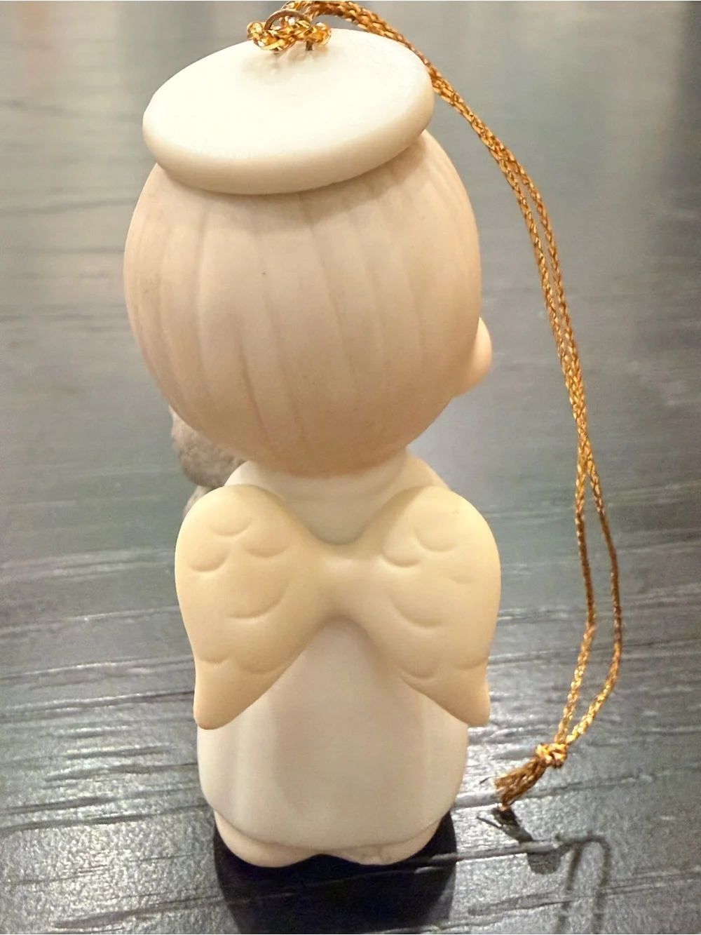 Vintage Precious Moments Angel Ornament in Cream and Gray with Gold Cord (1986)
